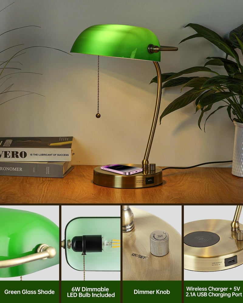 Newrays Green Glass Bankers Desk Lamp with Wireless Charger, USB Charging Port for Home Office,Stepless Dimmable Table Lamp Plug in Fixture,LED Bulb Included - Image 5